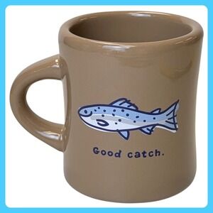 Life is Good Good Catch Coffee Mug Tan Brown Ceramic Trout Fishing Camping